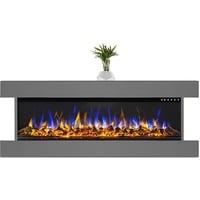 GLOW FIRE Elektrokamin mit Heizung und Kaminfeuer (Wandkamin Clear 36) - elektrischer Kamin mit LED-Feuer in 3 Farben, Heizlüfter, Deko & Fernbedienung - zum Aufhängen an der Wand - 118x53 cm, Grau