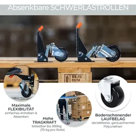 HMF 6750 Schwerlastrollen absenkbar für Werkbank, 4 Stück, 65 mm, bis 300 kg, Schwarz