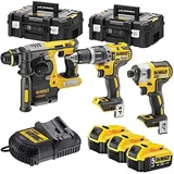 DeWalt Werkzeugset XR 18 V Bürstenlos, kabellos, Bohrmaschine, kompakter Schlagschrauber, Schlagschrauber, SDS-Plus, XR 18 V 5 Ah Li-Ion, 3 Batterien, 2 Koffer TSTAK DCK368P3T-QW