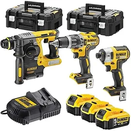 DeWalt Werkzeugset XR 18 V Bürstenlos, kabellos, Bohrmaschine, kompakter Schlagschrauber, Schlagschrauber, SDS-Plus, XR 18 V 5 Ah Li-Ion, 3 Batterien, 2 Koffer TSTAK DCK368P3T-QW