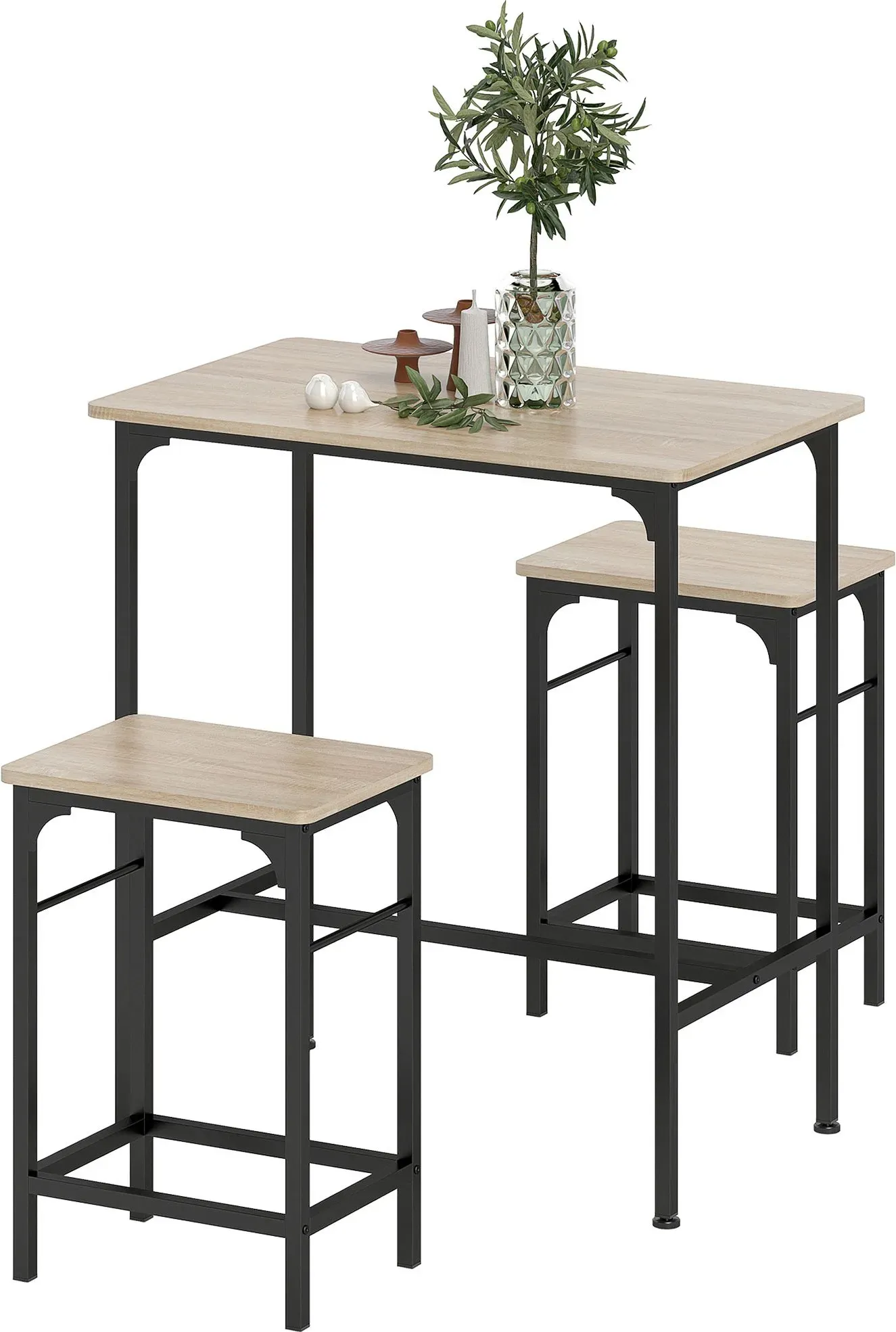 HOMCOM Bartisch Set Bartisch mit Barhocker-Set Esstisch mit 2 Stühlen mit Rutschfestem Fußpolster Küchentisch für Esszimmer, Küche, Naturholz   Aosom