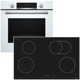 Bosch Weiss Backofen Kochfeld Set 3D Heissluft Hydrolyse Glaskeramik Zweikreiszone