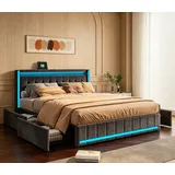 pxloue Polsterbett Doppelbett 140x200 mit Stauraum LED USB Jugendbett Grau