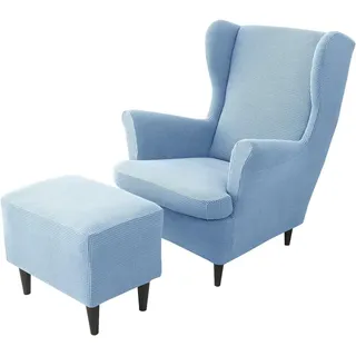 Coonoor Sesselhusse 2-Teilig Ohrensessel Überzug, Sessel-Überwürfe Ohrensessel, Einfarbig Jacquard Stuhlbezug mit Armlehne Hohe Rückenlehne blau