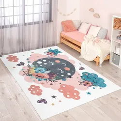 Kinderteppich CARPET CITY "ANIME917", beige (creme), B:140cm H:11mm L:200cm, Polypropylen (PP), Teppiche, Kinderzimmer Teppich Modern mit Mond, Blumen, Wolken, Creme, Multi