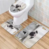 IUBBKI Badezimmermatte, Badezimmer-Anti-Rutsch-Matte, Mops-Welpe, der die Zeitung auf der Toilette liest, lustiges Bild Mops, Badematten-Set, 3-teilig, saugfähig, rutschfest, Badematte, WC-Vorleger,