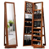 COSTWAY Schmuckschrank, Spiegelschrank mit Ganzkörperspiegel & eingebauter Make-up-Spiegel, 360° drehbar, abschließbar, Schmuck-Organizer Hellbraun - Braun