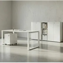 KADIMA DESIGN Büro-Set MUENCHEN 5-teilig weiß Glasfront Abschließbar Schreibtisch, Container, 2 Schränke, Regal