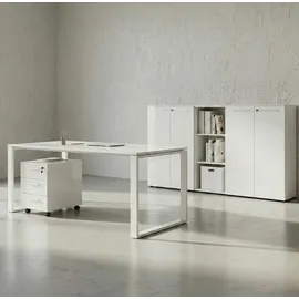 KADIMA DESIGN Büro-Set MUENCHEN 5-teilig weiß Glasfront Abschließbar Schreibtisch, Container, 2 Schränke, Regal