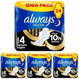 Always Ultra Binden Damen Gr. 4, Secure Night (24 Damenbinden mit Flügeln) Giga Pack, dünn und super saugfähig, geruchsneutralisierend und Auslaufschutz (Packung mit 4)