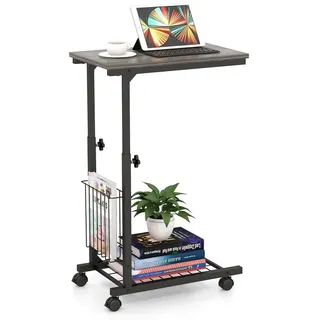 Costway Laptoptisch, höhenverstellbar mit Rollen&Aufbewahrungskorb, fürs Bett grau