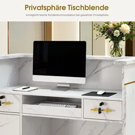 Barberpub Empfangstheke mit 3 Schubladen & 1 Schrank, Empfangstisch mit Beleuchtung, Abschließbar, Rezeptionstheke Kassentheke, R9759(Weiß-Gold) - Weiß/Gold
