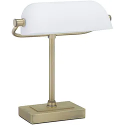 Relaxdays Bankerlampe, neigbarer Glasschirm, Metallsockel, E14, Schreibtischlampe Retro, Bibliothekslampe, weiß/messing