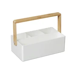 Relaxdays Organizer mit Griff, 4 Fächer, tragbar, Aufbewahrung, Bambus Henkel, Sortierbox, HBT 8,5 x 26 x 16 cm, weiß