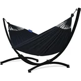 Potenza Outdoor Hängematte mit Gestell für 2 Personen I Baumwolle Doppelhängematte XXL 220x160, 200kg I Hängemattengestell 220kg, wetterfest (Schwarz, Gestell Schwarz)