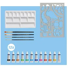 Faber-Castell Aquarell Bastelfarben-Set farbsortiert 12 Tuben 5,0 ml Tuben, 4 Synthetik-Pinsel, 1 Schablone und 1 Mischpalette ml, 1 Set