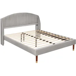 Merax Polsterbett 160x200 Ohrform Doppelbett aus Samt mit Kopfteil & Lattenrost Grau