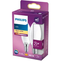 Philips LED E14 Lampe, 25 W, Kerzenform, nicht dimmbar, matt, warmweiß, 2er Pack, Weiß