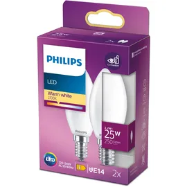 Philips LED E14 Lampe, 25 W, Kerzenform, nicht dimmbar, matt, warmweiß, 2er Pack, Weiß