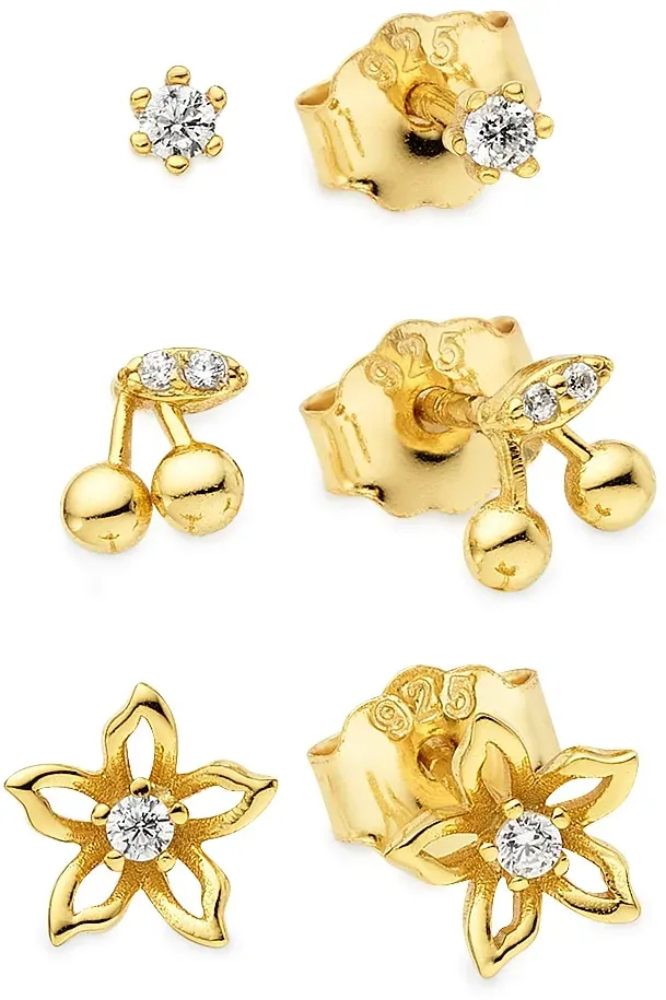 Ohrstecker-Set FIRETTI "Schmuck, Geschenk, Solitär-Optik, Kirschen-Optik, Blüten-Optik", gelbgoldfarben, kristallweiß, kristallweiß, Ohrringe, Damen, Silber 925 (Sterlingsilber), mit Zirkonia (synth.)