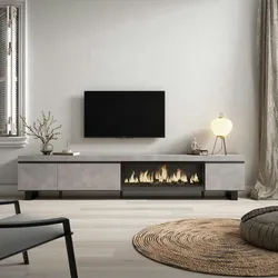 SKRAUT HOME Wohnzimmer TV-Schrank, Viel Platz vorhanden, 288x35x57cm, Großformat TV, XXL Elektrokamin, Industriedesign, Farbe Zementgrau - 496_103