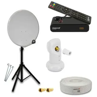 PremiumX Satelliten-Komplettanlage 80cm Satellitenschüssel Aluminium Single LNB TV Kabel Dreibein-Stativ FullHD SAT Receiver