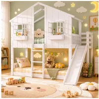 KLAM HOME Etagenbett Spiel-Etagenbett mit Rutsche, Dach und Fenster aus Kiefernholz (Kinder Etagenbett 90x200cm mit Fallschutzgitter & dreistufiger Leiter), Weißes Hochbett mit freiem Unterraum für Spiel und Stauraum weiß
