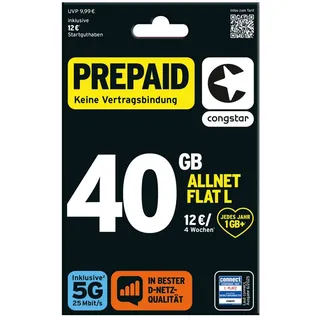 Congstar Prepaid ALLNET L SIM-Karte ohne Vertrag 5G mit 25 Mbit/s Prepaidkarte, (EU-Roaming inkl. CH, 24 € Startguthaben)