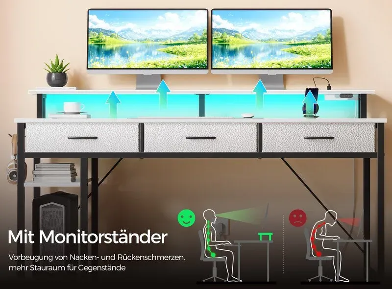 Rolanstar Computer-Schreibtisch mit USB-Anschlüssen, Stromanschlüssen, LED-Streifen, Schubladen und Aktenschrank, umkehrbarer Eckgaming-Schreibtisch mit Monitorablage und Stauraum für das Home-Office