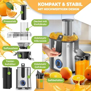 Kesser KESSER® Entsafter für Obst und Gemüse aus Edelstahl 1100W große 85 mm Einfüllöffnung inkl. Reinigungsbürste und Saftbehälter 3 Geschwindigkeitsstufen, Saftpresse Juicer