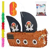 relaxdays Papierdekoration 4-tlg. Pinata Set Piratenschiff braun|gelb|schwarz