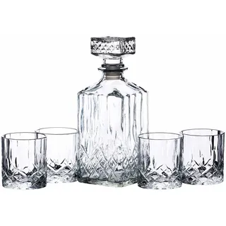 BarCraft Whisky Karaffe und Glas Geschenkset, geschliffenes Glas, 5-teiliges Set, 900ml Karaffe mit Silikonverschluss und 4x Gläser, 26 x 10 x 24cm