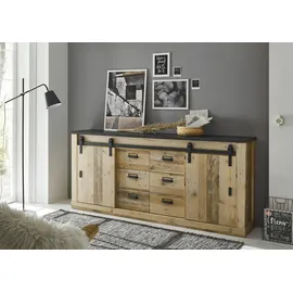 Home Affaire Sideboard HOME AFFAIRE "SHERWOOD", braun (old style hell dekor), B:201cm H:91cm T:43cm, Sideboards, Sideboard, modernes Holz Dekor, mit Scheunentorbeschlag aus Metall, Breite 201 cm