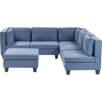 Beliani 5-Sitzer Ecksofa Leinenoptik blau linksseitig mit Ottomane UNSTAD