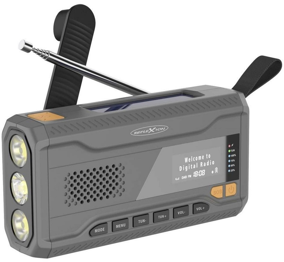 Reflexion Solar-Notfall-Kurbelradio mit DAB und Radio (Handkurbel, Powerbank-Funktion, Taschenlampe, wiederaufladbar) grau