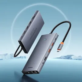 Baseus HUB PortalJoy Series 13in1 USB-C - 2x HDMI / DP / VGA / USB-A 3.1 / USB-C 3.1 / USB-A 2.0 / P (USB-C, 13 Ports), Dockingstation / USB Hub, Grau