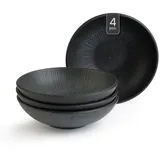 Home4You Suppenteller 4er Set, Schwarz matt - Steingut - mit linienförmiger Reliefprägung - 4er Set
