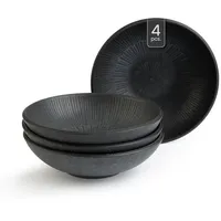 Home4You Suppenteller 4er Set, Schwarz matt - Steingut - mit linienförmiger Reliefprägung - 4er Set