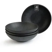 Home4You Suppenteller 4er Set, Schwarz matt - Steingut - mit linienförmiger Reliefprägung - 4er Set