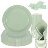 CEILIWEN Grüne Pappteller, Servietten, Becher-Set, 125-teiliges Salbeigrünes Party-Tischgeschirr, Party-Zubehör, inklusive 22,9 cm Pappteller, 17,8 cm Dessertteller, Servietten, Becher, Strohhalme