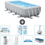 Intex Pool mit rechteckigem Prismenrahmen – 488 x 244 x 107 cm – Grau – inklusive Pumpe – Leiter – Bodenplane – Abdeckung Wartungspaket...