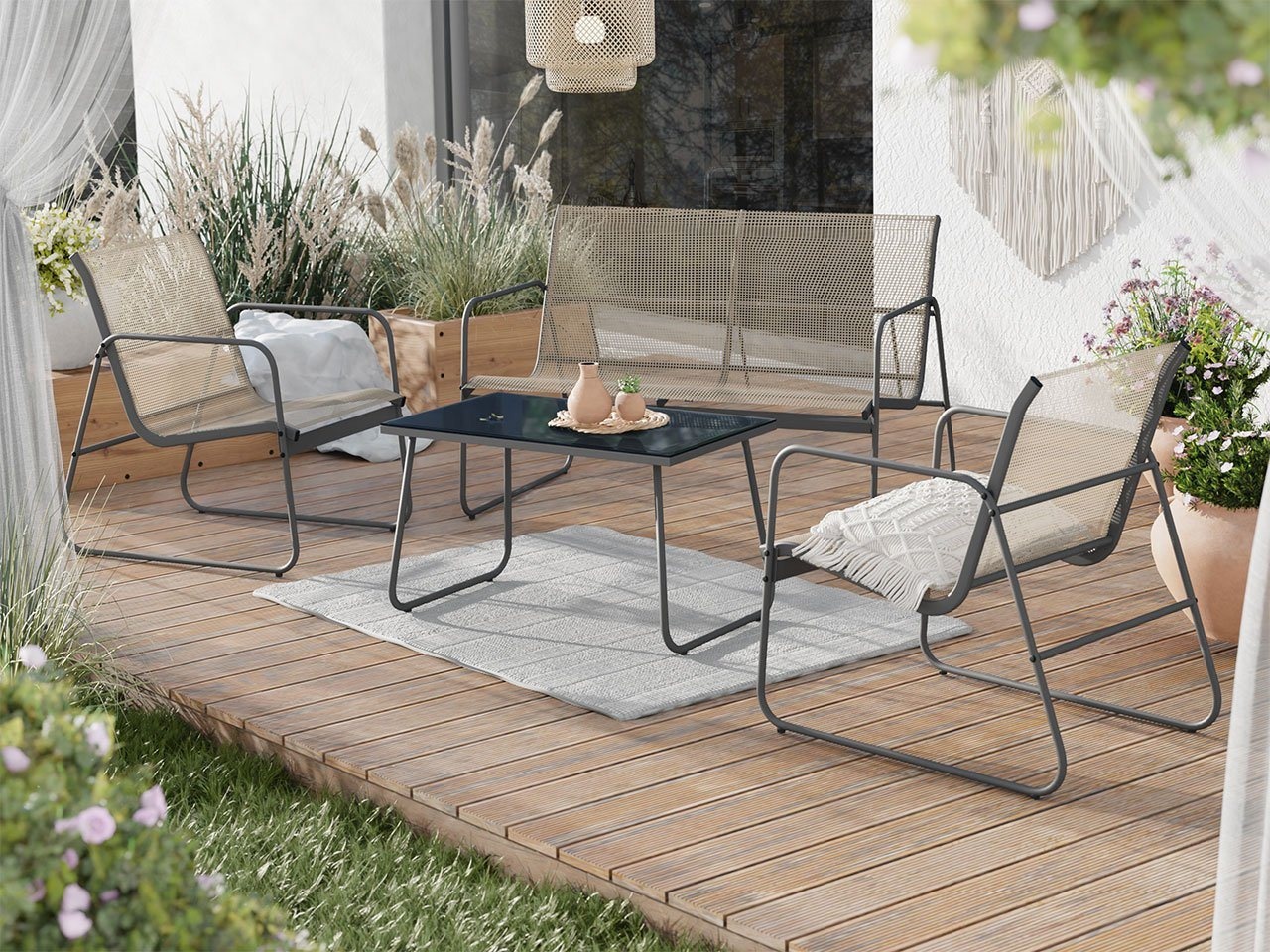 MIRJAN24 Gartenlounge-Set Gotiro, (4er-Set, Sessel x 2 Stück, Sofa, Gartentisch), Eignet sich hervorragend für die Terrasse, Balkon und Garten braun|grau
