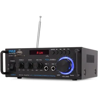 Pyle Verstärker, 200W- Stereo Verstärker, Amplifier- mit 2 Kanäle, Bluetooth Audio Receiver- mit RCA, USB, SD, MIC-Eingang, FM-Radio, Bass & Höhenanpassung, Für Zuhause, Auto, Studio & Heimkino