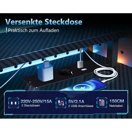 Gaming Tisch mit LED-Beleuchtung und Steckdose, Carbon Fiber, Schwarz, 151×50 cm - Schwarz