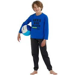 Pyjama BUFFALO, Kinder, Gr. 182, grau (blau, anthrazit), Jersey, Obermaterial: 100% Baumwolle, bedruckt, Basic, bequem lang, Rundhals, Langarm abgesteppte Kante, Homewear-Sets, Schlafanzug mit Spruch Akku wird geladen
