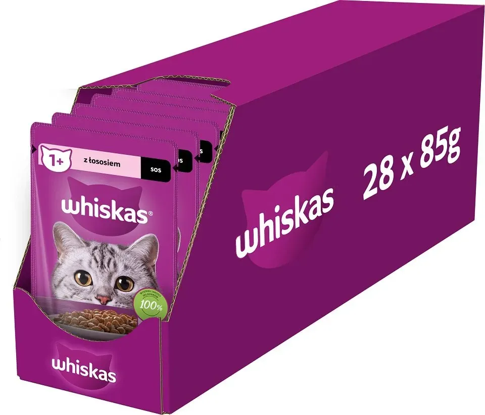 WHISKAS Adult 28x85g Nassfutter für ausgewachsene Katzen in Sauce mit Lachs