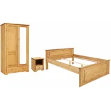 otto home Schlafzimmer-Set OTTO HOME "Hugo", beige (natur geölt), B/H: 140cm x 200cm, Schlafzimmermöbel-Sets, Bett 140x200cm, 2-trg Kleiderschrank und 1 Nachttisch