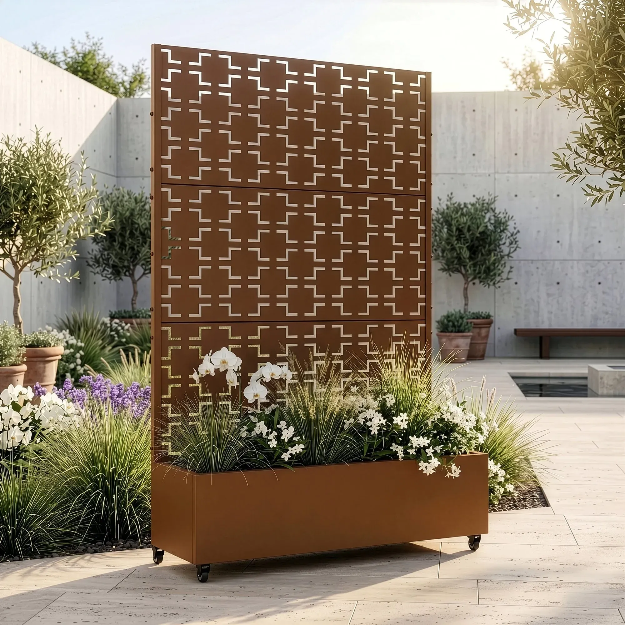 Trennwand Aaskis mit Blumenkasten Stahl 190x120 cm Braun [casa.pro]