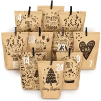 Adventskalender mit Kindermotiven aus Packpapier/Holz, 24 bedruckten Tüten mit