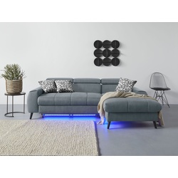 Ecksofa COTTA „Mia“ Sofas Gr. B/H/T: 236 cm x 74 cm x 164 cm, Flachgewebe, Recamiere rechts, Ohne Bettfunktion-ohne Bettkasten-mit RGB-LED-Beleuchtung-mit Wireless Charger, grau (niagara) Ecksofas 3-tlg.-Kissen-Set, Recamiere, wahlweise mit oder ohne RGB-Beleuchtung